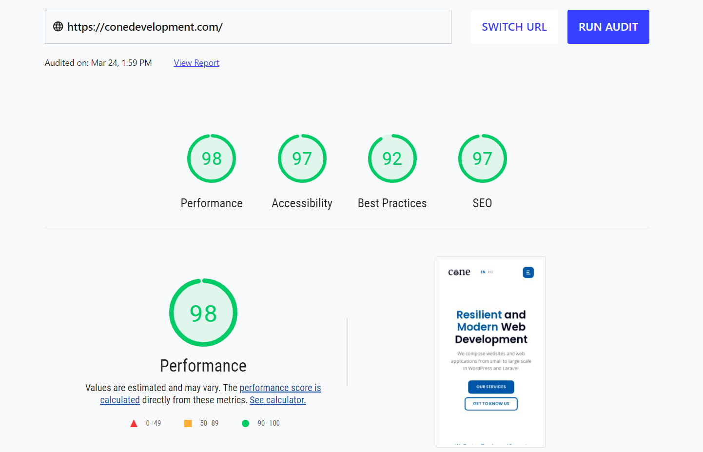 A conedevelopment.com oldal Lighhouse pontszámai. Teljesítmény: 98, akadálymentesség: 97, jó gyakorlatok: 92, SEO: 97.